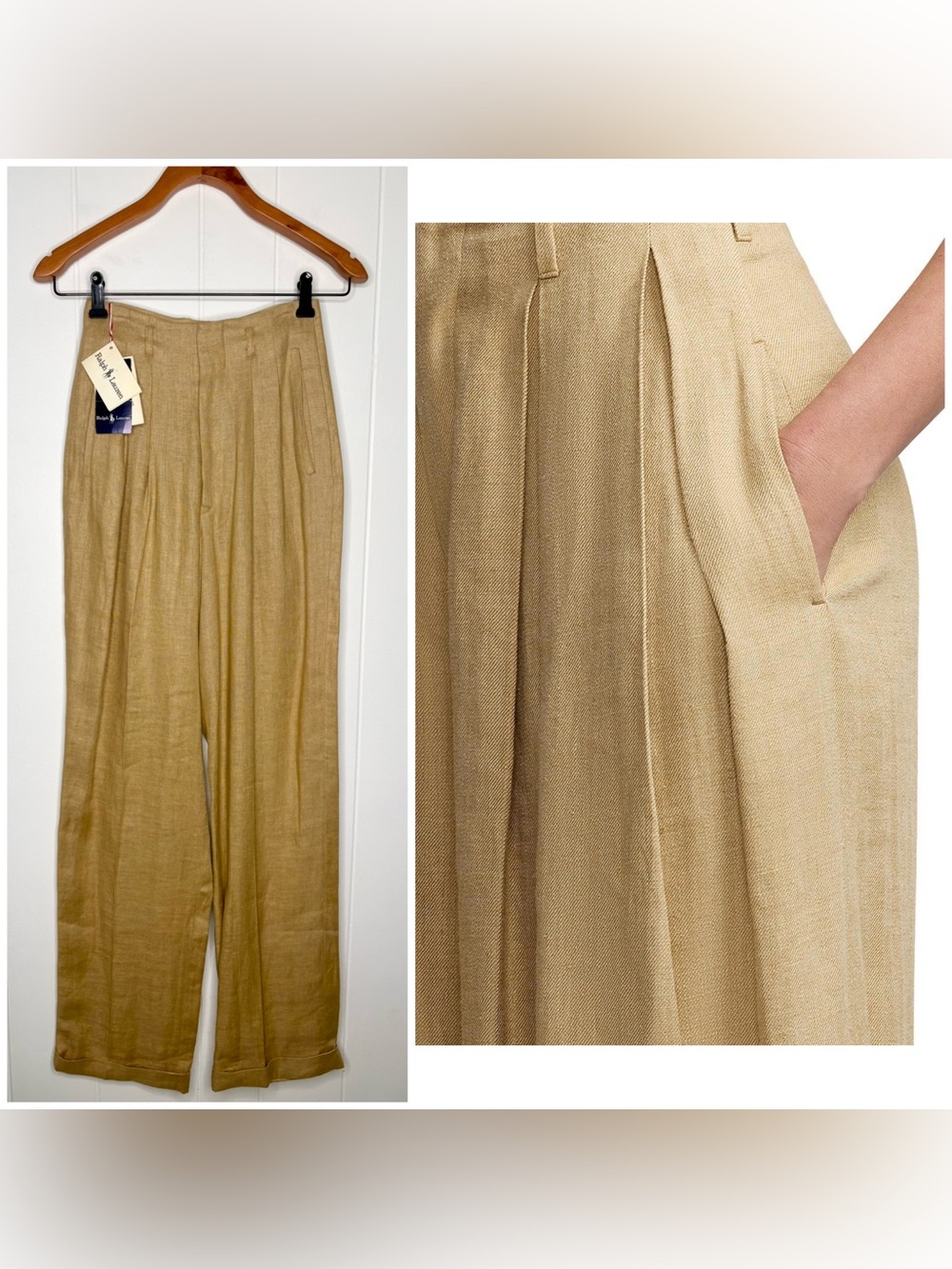 NWT VINTAGE Deadstock Ralph Lauren 100% Linen Wide Leg Pants Beige Tan Fall 4